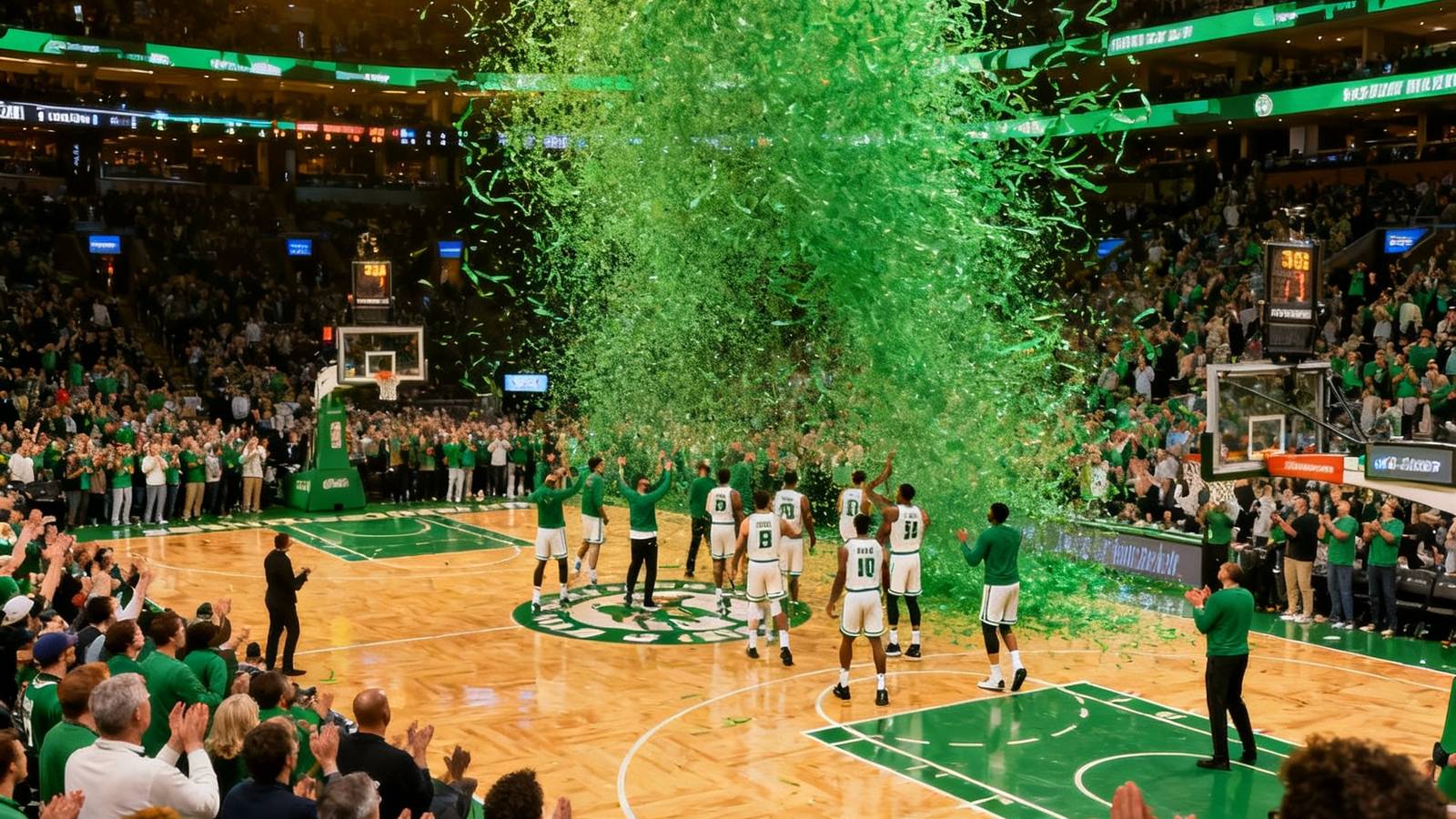 NBA东部决赛凯尔特人球员在TD花园球馆庆祝晋级总决赛，绿色彩带从天而降，球迷全体起立鼓掌