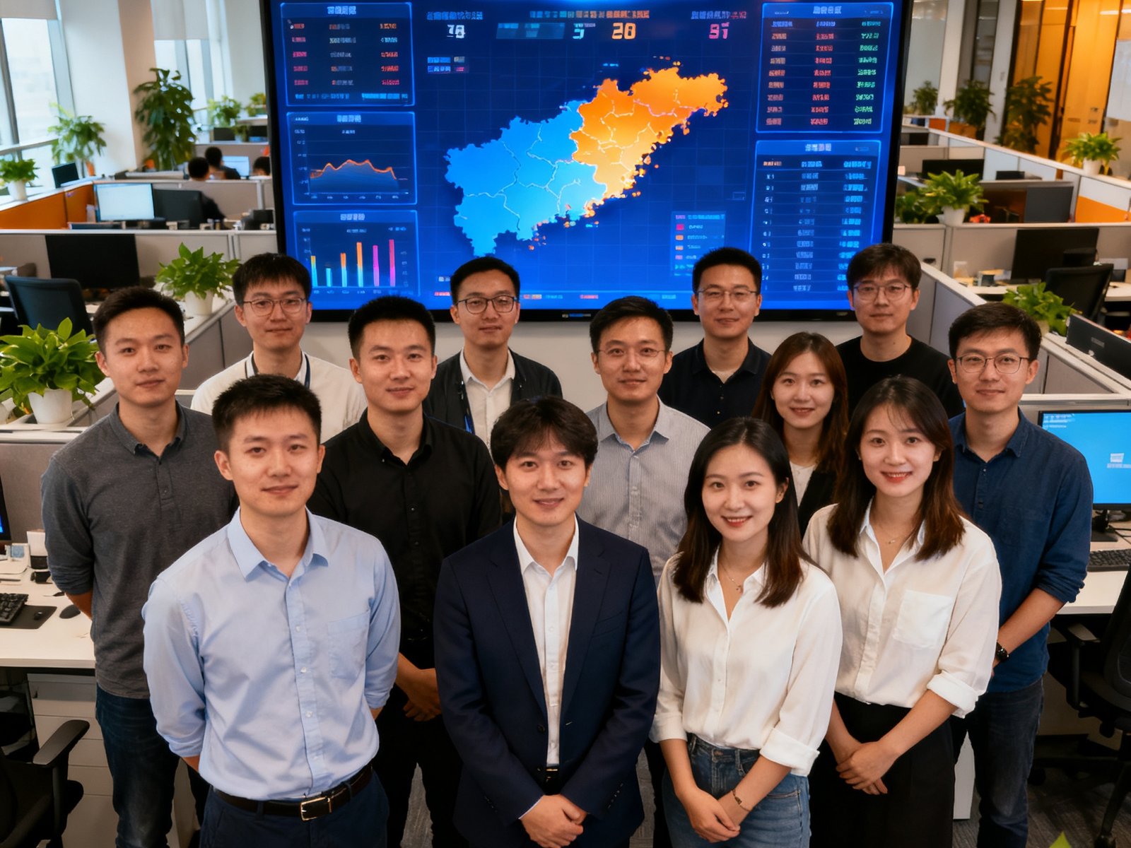 看球宝北京办公室开放式办公区，团队合影中员工们站在实时数据大屏幕前，屏幕上显示全球赛事比分热力图
